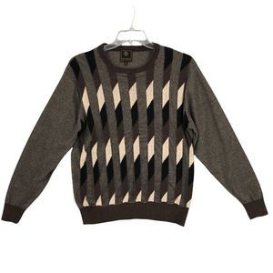 F/X Fusion Men Sweater Large Brown Pullover Striped Patch Crew Neck Long Sleeve